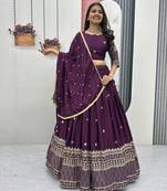 Wine Color Embroidery Thread and Sequence Work Chinon Silk Lahenga Choli Set