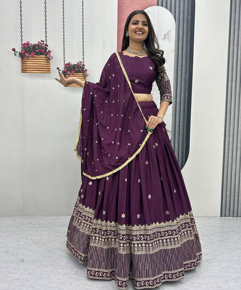 Wine Color Embroidery Thread and Sequence Work Chinon Silk Lahenga Choli Set