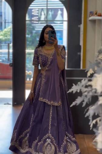 Lavender Color Embroidery Thread and Sequence Work Chinon Lahenga Choli Set
