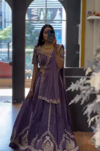 Lavender Color Embroidery Thread and Sequence Work Chinon Lahenga Choli Set