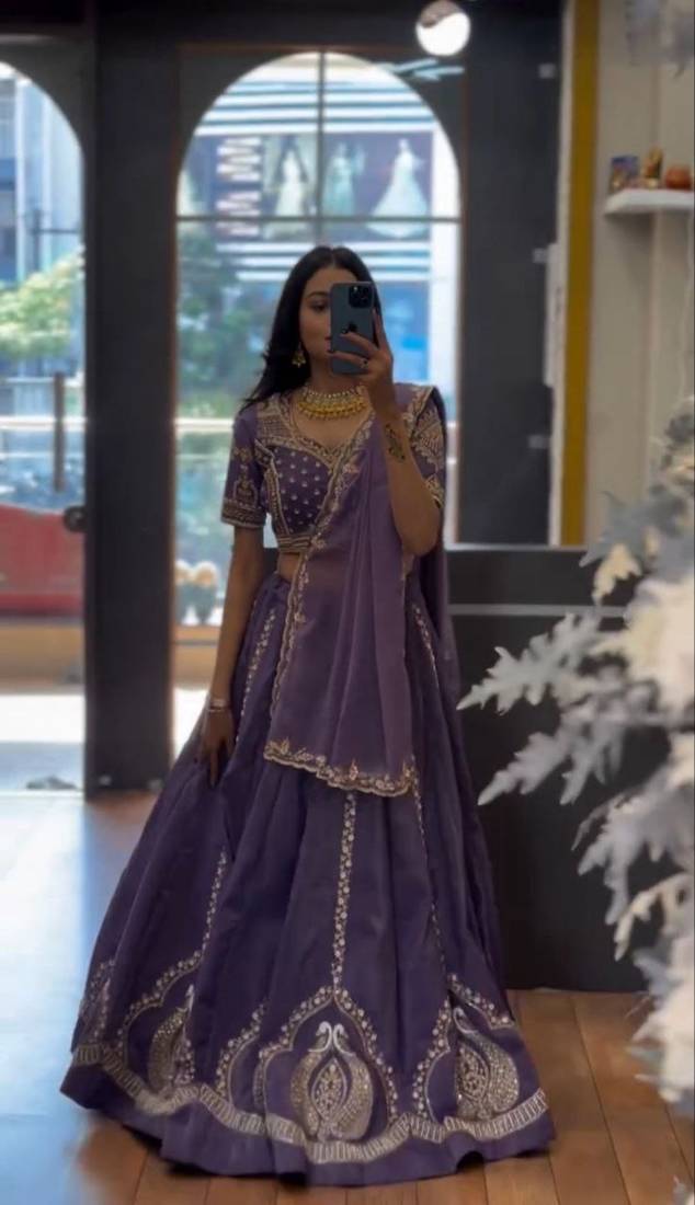 Lavender Color Embroidery Thread and Sequence Work Chinon Lahenga Choli Set