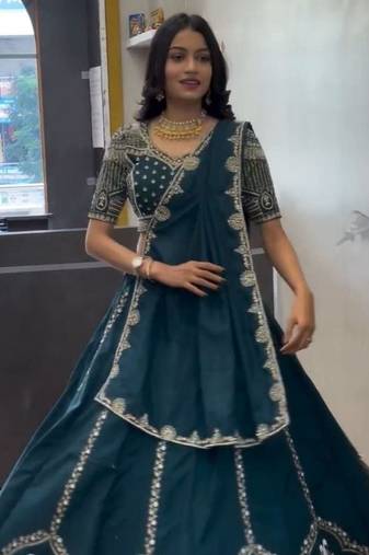Peacock Blue Color Embroidery Thread and Sequence Work Chinon Lahenga Choli Set
