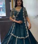 Peacock Blue Color Embroidery Thread and Sequence Work Chinon Lahenga Choli Set