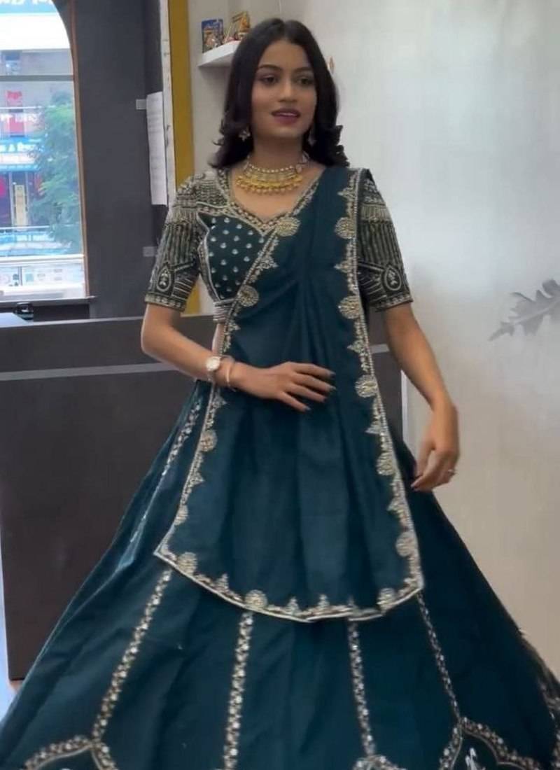 Peacock Blue Color Embroidery Thread and Sequence Work Chinon Lahenga Choli Set