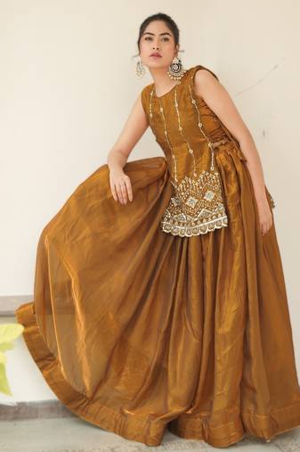 Mustard Color Plain With Pleating Lehenga With Blouse Jacket Fully Stitched Set