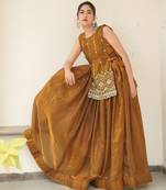 Mustard Color Plain With Pleating Lehenga With Blouse Jacket Fully Stitched Set