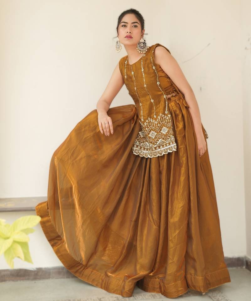 Mustard Color Plain With Pleating Lehenga With Blouse Jacket Fully Stitched Set