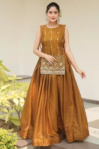 Mustard Color Plain With Pleating Lehenga With Blouse Jacket Fully Stitched Set