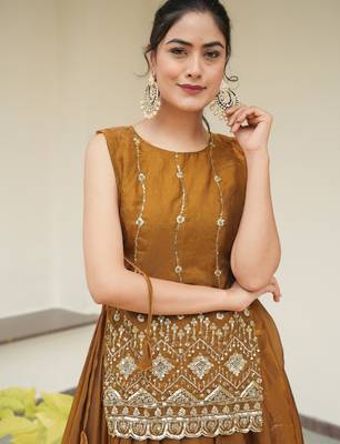 Mustard Color Plain With Pleating Lehenga With Blouse Jacket Fully Stitched Set 3