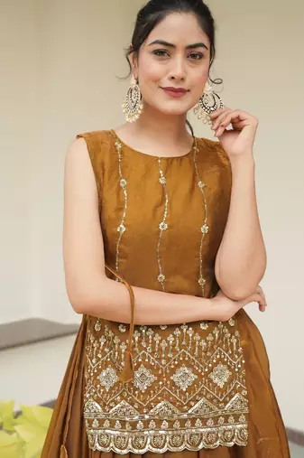 Mustard Color Plain With Pleating Lehenga With Blouse Jacket Fully Stitched Set