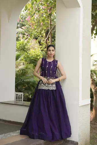 Purple Color Plain With Pleating Lehenga With Blouse Jacket Fully Stitched Set