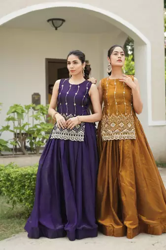 Mustard Color Plain With Pleating Lehenga With Blouse Jacket Fully Stitched Set