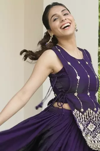 Purple Color Plain With Pleating Lehenga With Blouse Jacket Fully Stitched Set