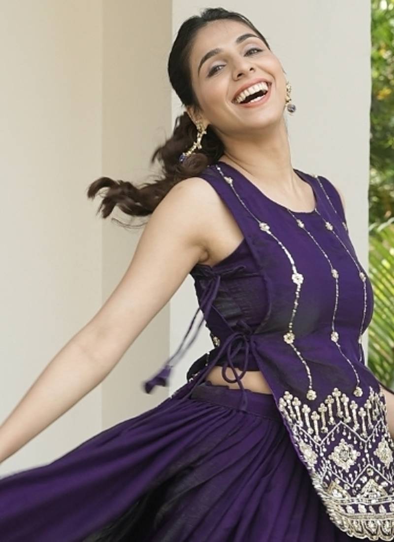 Purple Color Plain With Pleating Lehenga With Blouse Jacket Fully Stitched Set