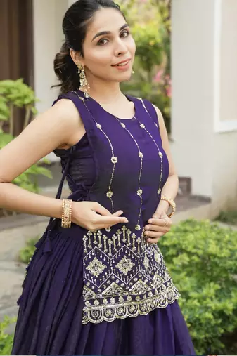 Purple Color Plain With Pleating Lehenga With Blouse Jacket Fully Stitched Set