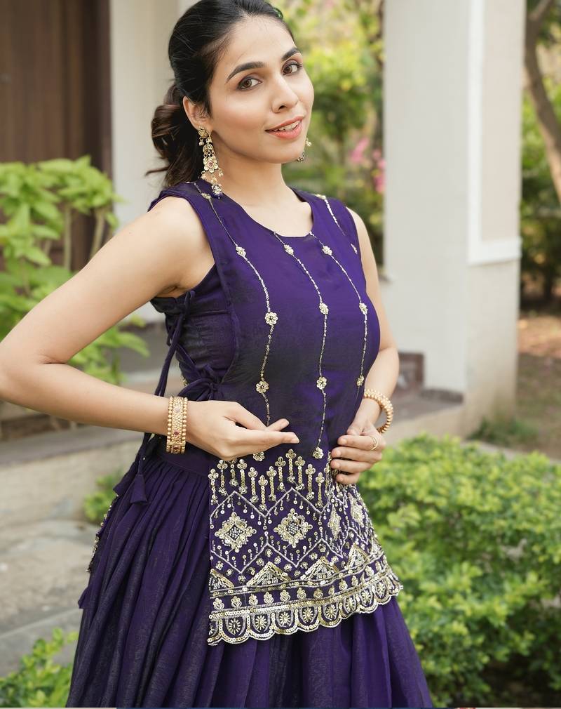 Purple Color Plain With Pleating Lehenga With Blouse Jacket Fully Stitched Set