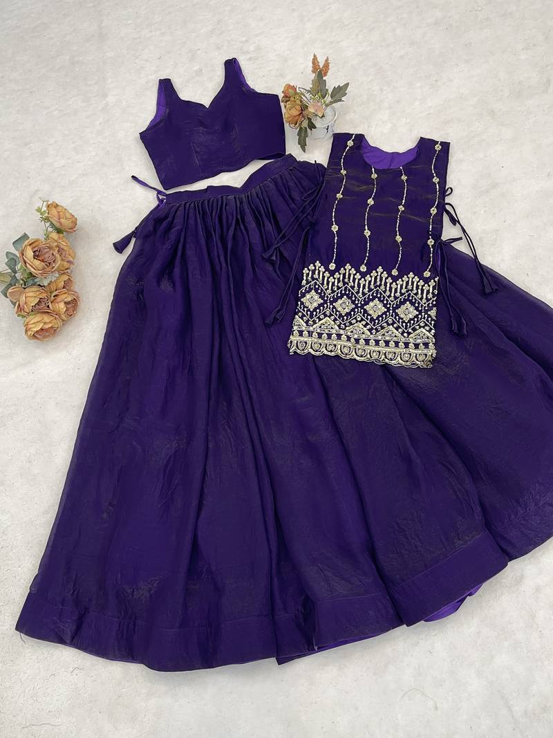 Purple Color Plain With Pleating Lehenga With Blouse Jacket Fully Stitched Set