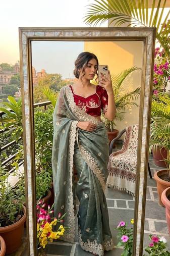 Dusty Teal Color  embroidery thread work Tissue Organza Saree