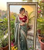 Dusty Teal Color  embroidery thread work Tissue Organza Saree