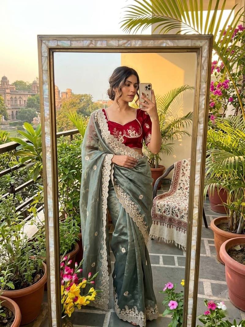 Dusty Teal Color  embroidery thread work Tissue Organza Saree