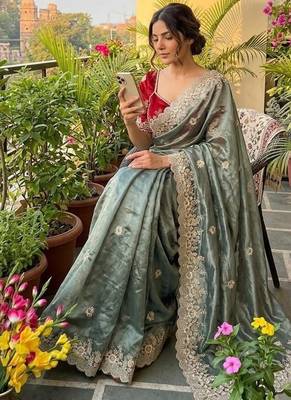Dusty Teal Color  embroidery thread work Tissue Organza Saree 2
