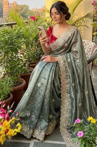 Dusty Teal Color  embroidery thread work Tissue Organza Saree