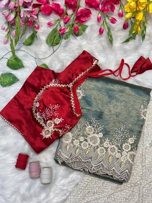 Dusty Teal Color  embroidery thread work Tissue Organza Saree 3
