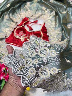 Dusty Teal Color  embroidery thread work Tissue Organza Saree 4