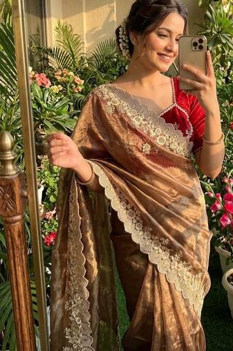 Golden Brown Color  embroidery thread work Tissue Organza Saree