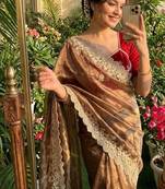 Golden Brown Color  embroidery thread work Tissue Organza Saree