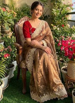 Golden Brown Color  embroidery thread work Tissue Organza Saree 2