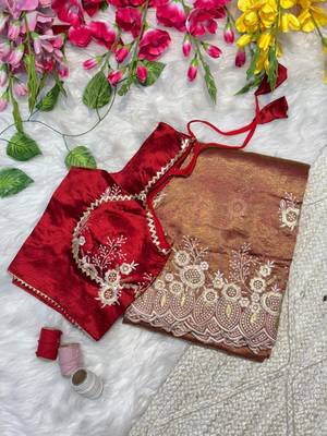 Golden Brown Color  embroidery thread work Tissue Organza Saree 3
