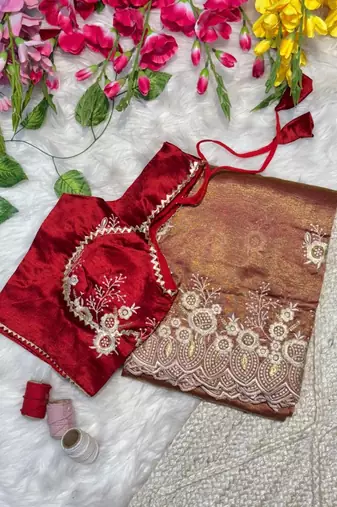 Golden Brown Color  embroidery thread work Tissue Organza Saree