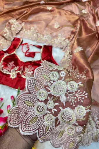 Golden Brown Color  embroidery thread work Tissue Organza Saree