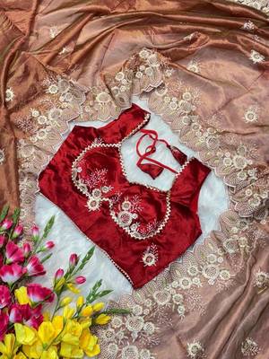 Golden Brown Color  embroidery thread work Tissue Organza Saree 5