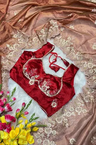 Golden Brown Color  embroidery thread work Tissue Organza Saree