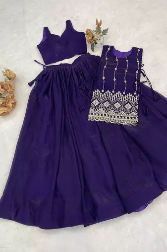 Purple Color Plain With Pleating Lehenga With Blouse Jacket Fully Stitched Set
