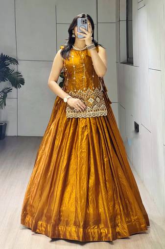 Mustard Color Plain With Pleating Lehenga With Blouse Jacket Fully Stitched Set