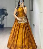 Mustard Color Plain With Pleating Lehenga With Blouse Jacket Fully Stitched Set