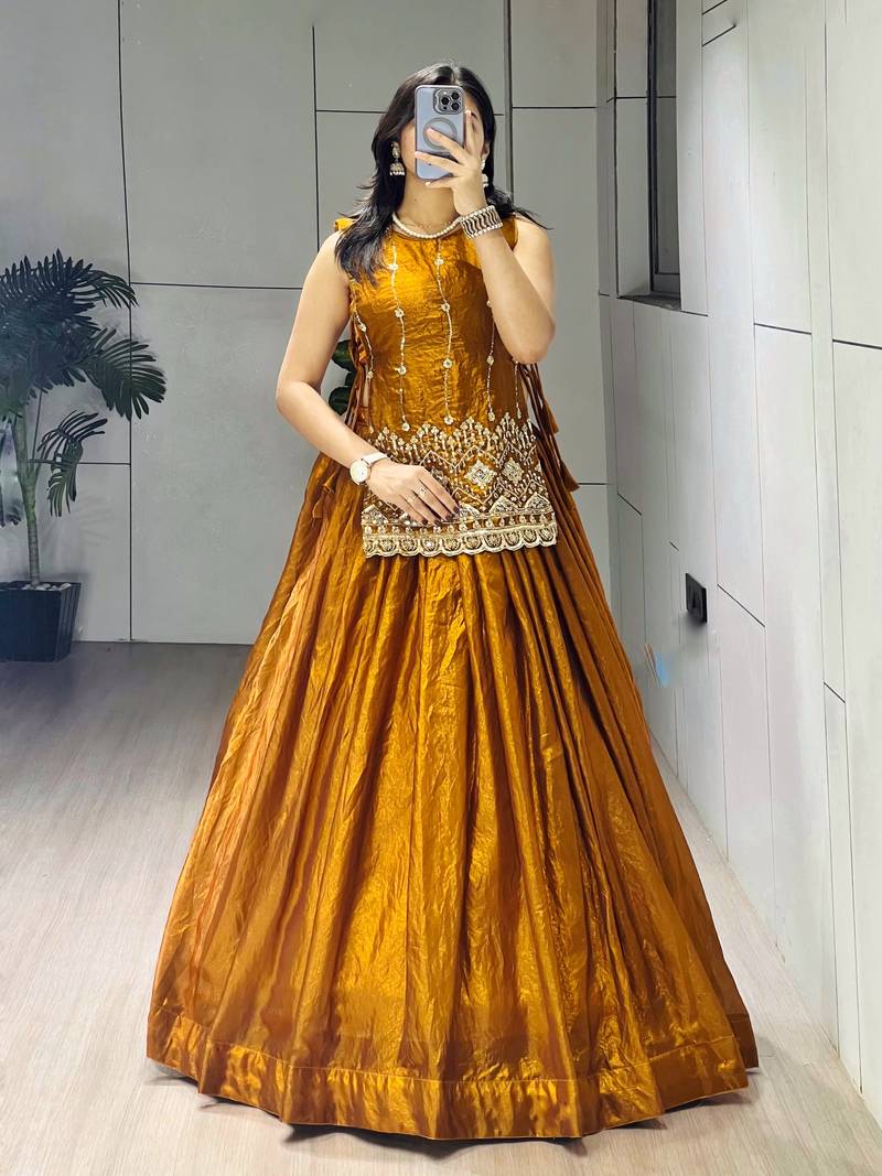 Mustard Color Plain With Pleating Lehenga With Blouse Jacket Fully Stitched Set