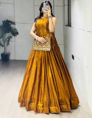 Mustard Color Plain With Pleating Lehenga With Blouse Jacket Fully Stitched Set 2