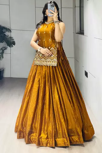 Mustard Color Plain With Pleating Lehenga With Blouse Jacket Fully Stitched Set