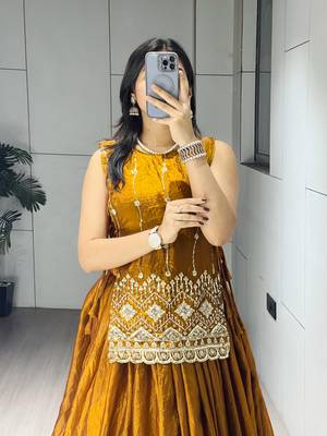 Mustard Color Plain With Pleating Lehenga With Blouse Jacket Fully Stitched Set 3