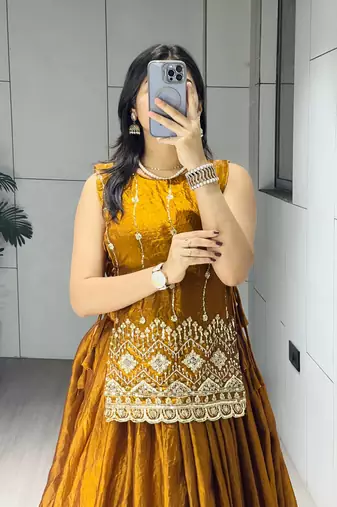 Mustard Color Plain With Pleating Lehenga With Blouse Jacket Fully Stitched Set