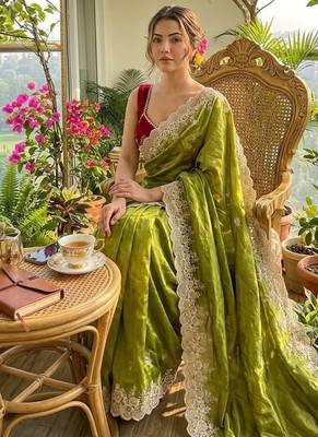 Mehndi Green Color  embroidery thread work Tissue Organza Saree 1