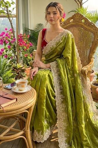 Mehndi Green Color  embroidery thread work Tissue Organza Saree