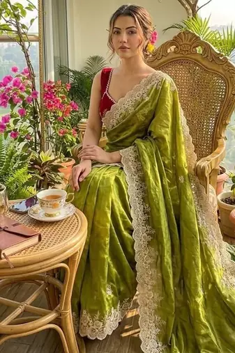 Mehndi Green Color  embroidery thread work Tissue Organza Saree