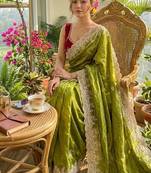 Mehndi Green Color  embroidery thread work Tissue Organza Saree