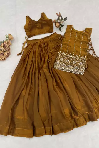 Mustard Color Plain With Pleating Lehenga With Blouse Jacket Fully Stitched Set