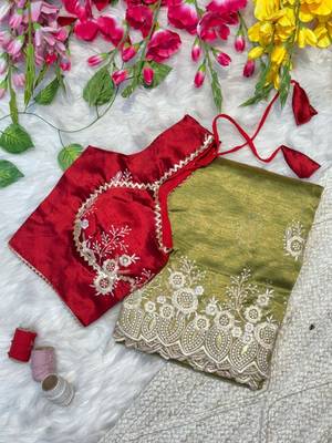 Mehndi Green Color  embroidery thread work Tissue Organza Saree 2